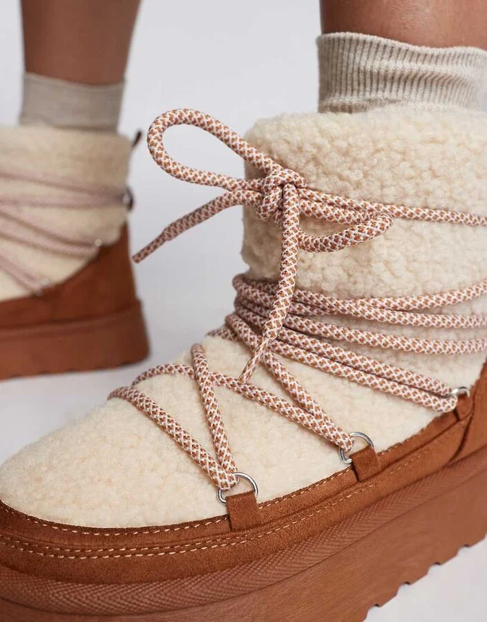 South Beach Borg Lace Up Platform Mini Boot in Chestnut - Image 3