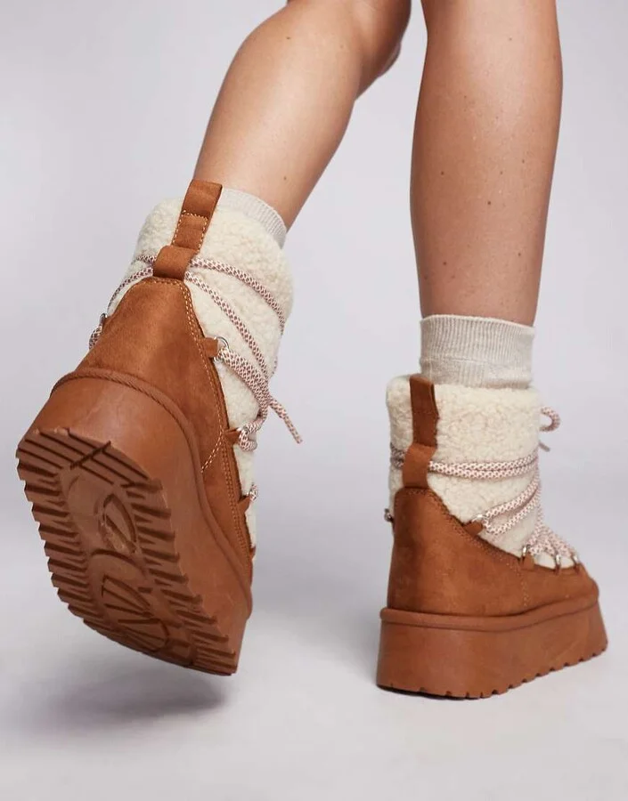 South Beach Borg Lace Up Platform Mini Boot in Chestnut - Image 4