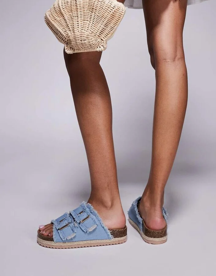 South Beach double buckle espadrille sandals in frayed denim - Image 2