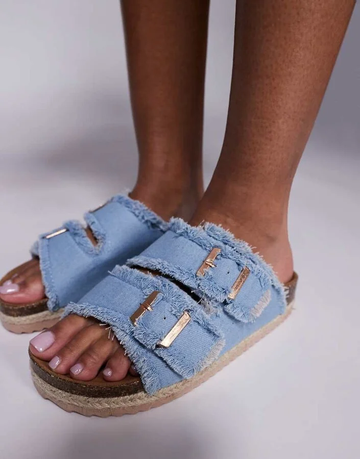South Beach double buckle espadrille sandals in frayed denim - Image 3