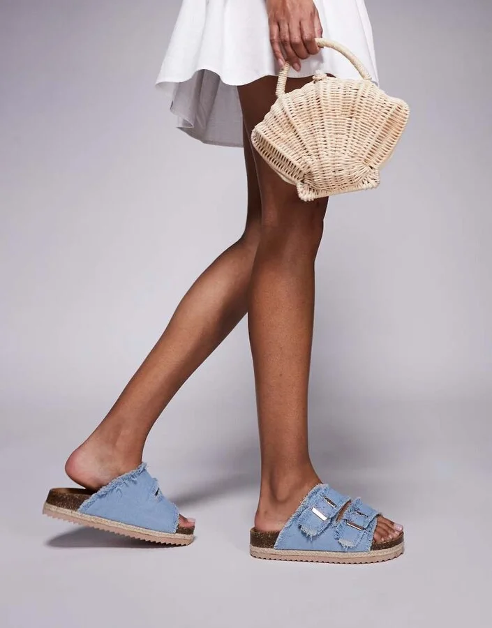 South Beach double buckle espadrille sandals in frayed denim