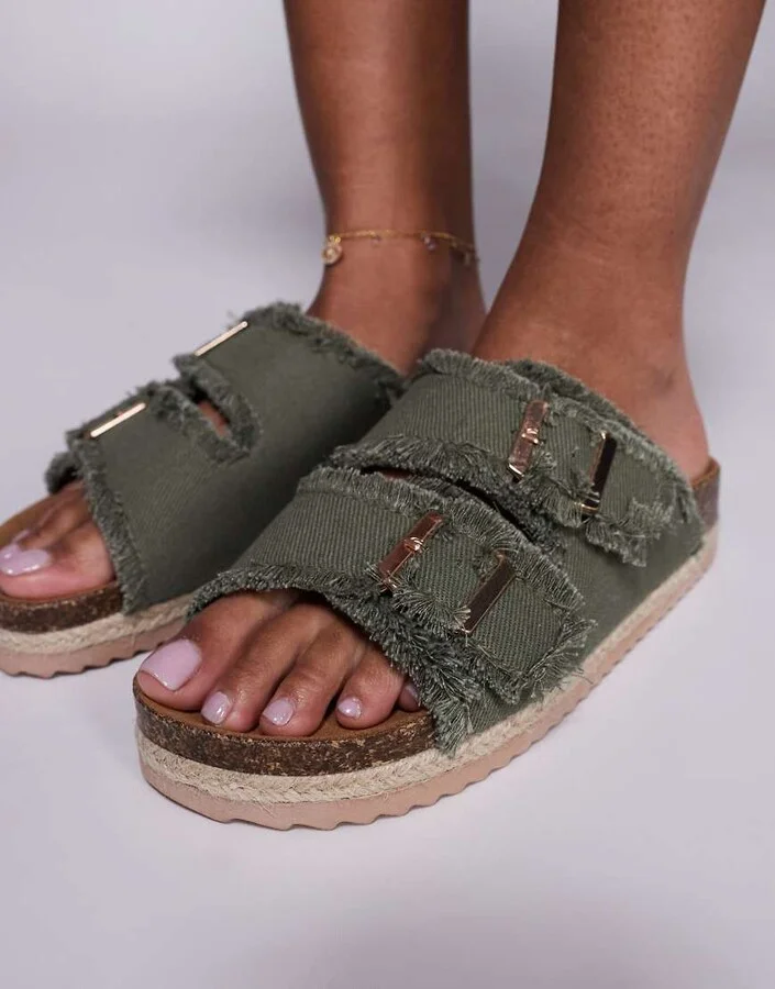 South Beach double buckle espadrille sandals in frayed sage denim - Image 2