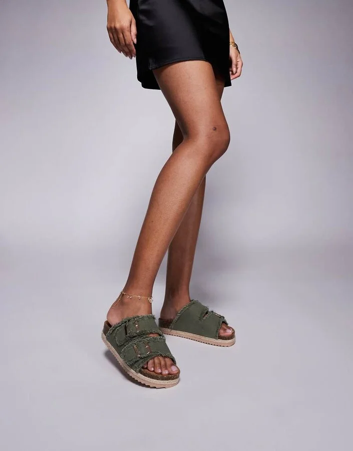 South Beach double buckle espadrille sandals in frayed sage denim - Image 3