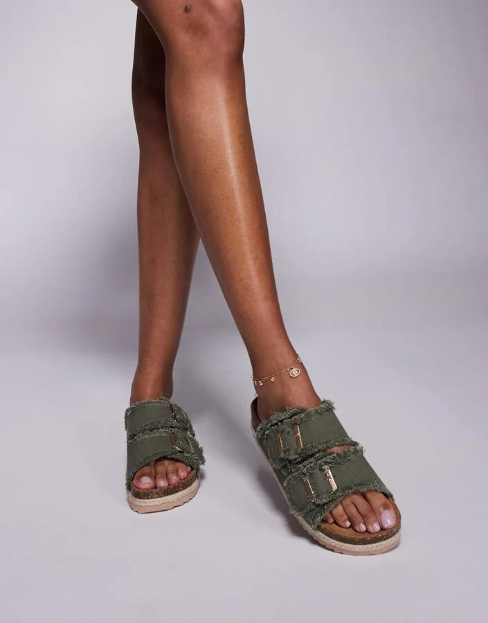South Beach double buckle espadrille sandals in frayed sage denim - Image 4