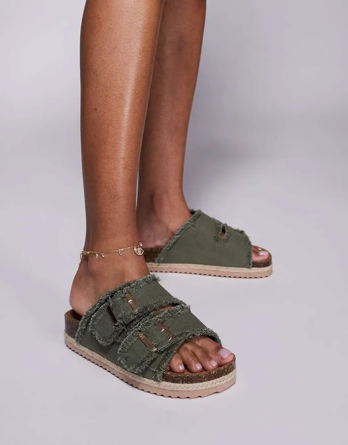 South Beach double buckle espadrille sandals in frayed sage denim