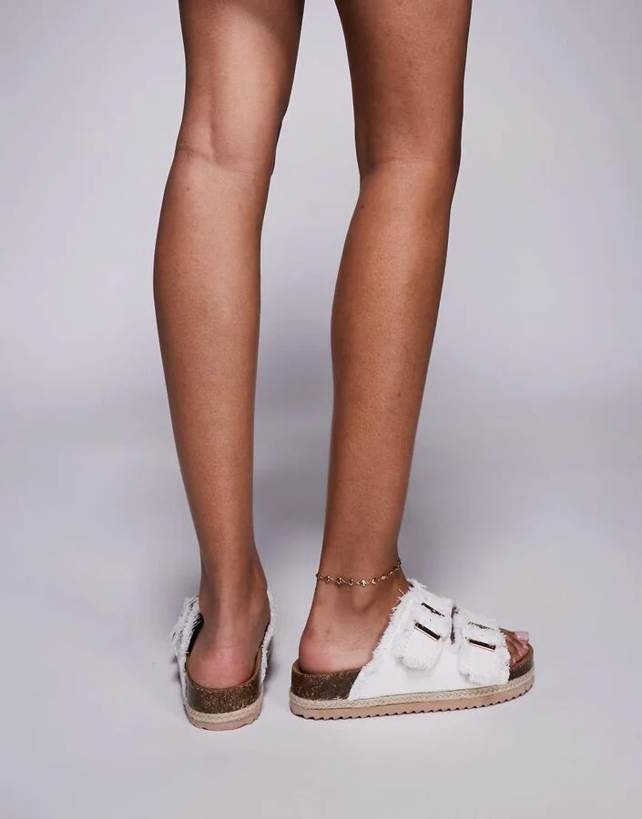 South Beach double buckle espadrille sandals in frayed white denim - Image 2