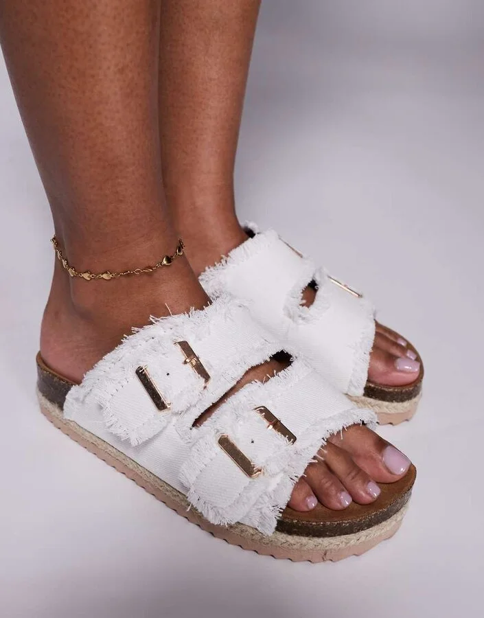 South Beach double buckle espadrille sandals in frayed white denim - Image 3