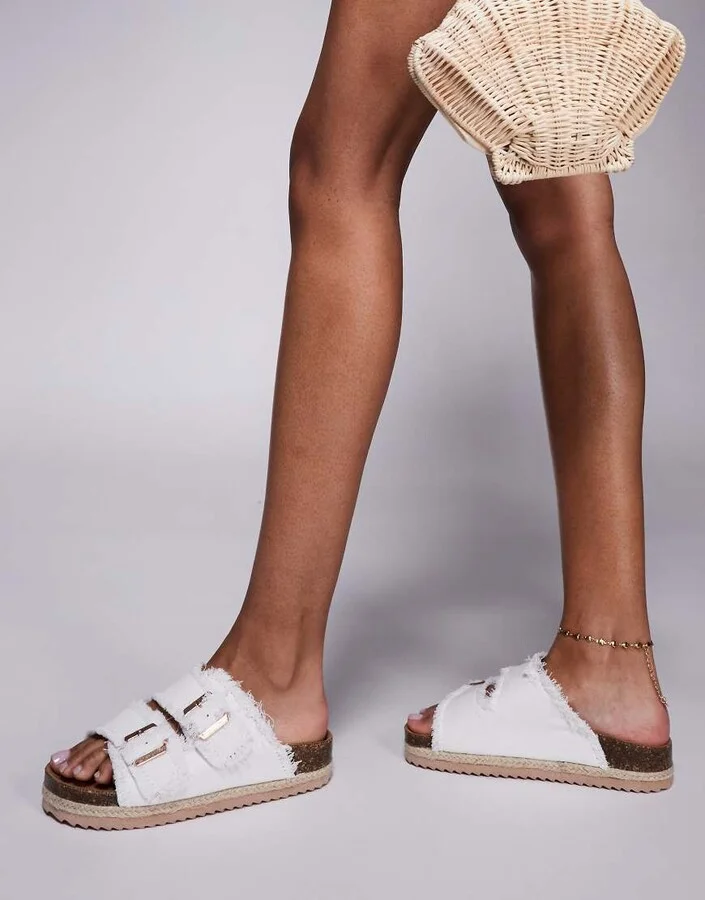 South Beach double buckle espadrille sandals in frayed white denim - Image 4