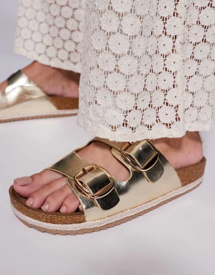 South Beach double buckle espadrille sandals in gold - Image 3