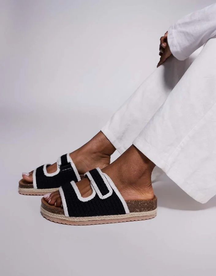 South Beach double strap espadrille sandals in black crochet
