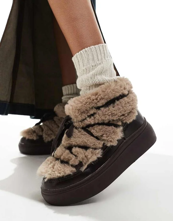 South Beach Fluffy Lace Up Mini Boots in Brown - Image 4