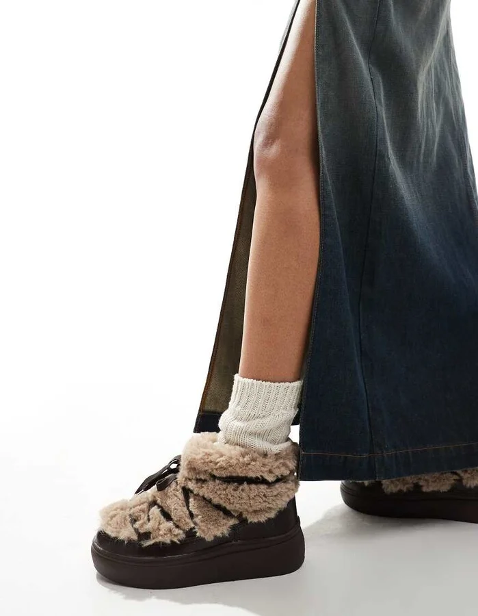 South Beach Fluffy Lace Up Mini Boots in Brown