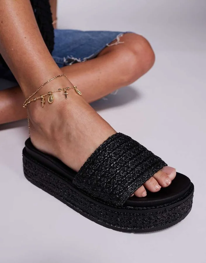 South Beach Platform Sandal in Black Raffia - Image 4