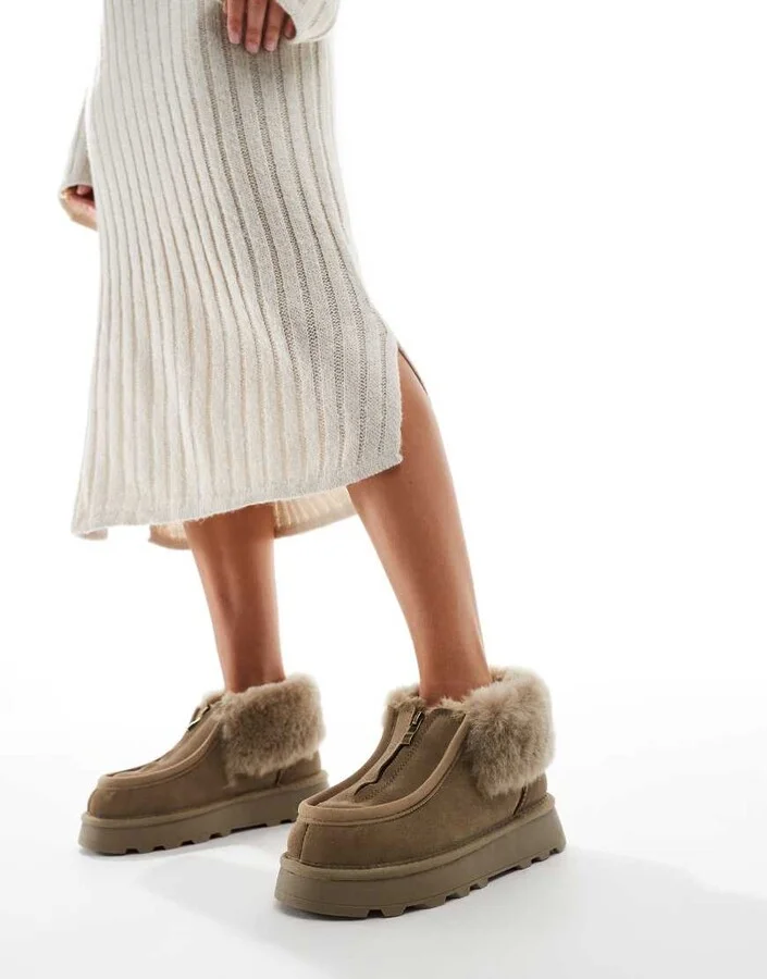 South Beach Real Sheepskin Zip Up Ankle Boot in Olive - Image 2
