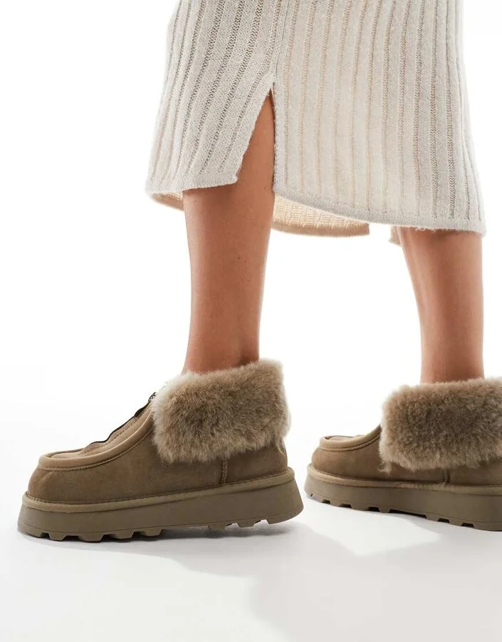 South Beach Real Sheepskin Zip Up Ankle Boot in Olive - Image 3