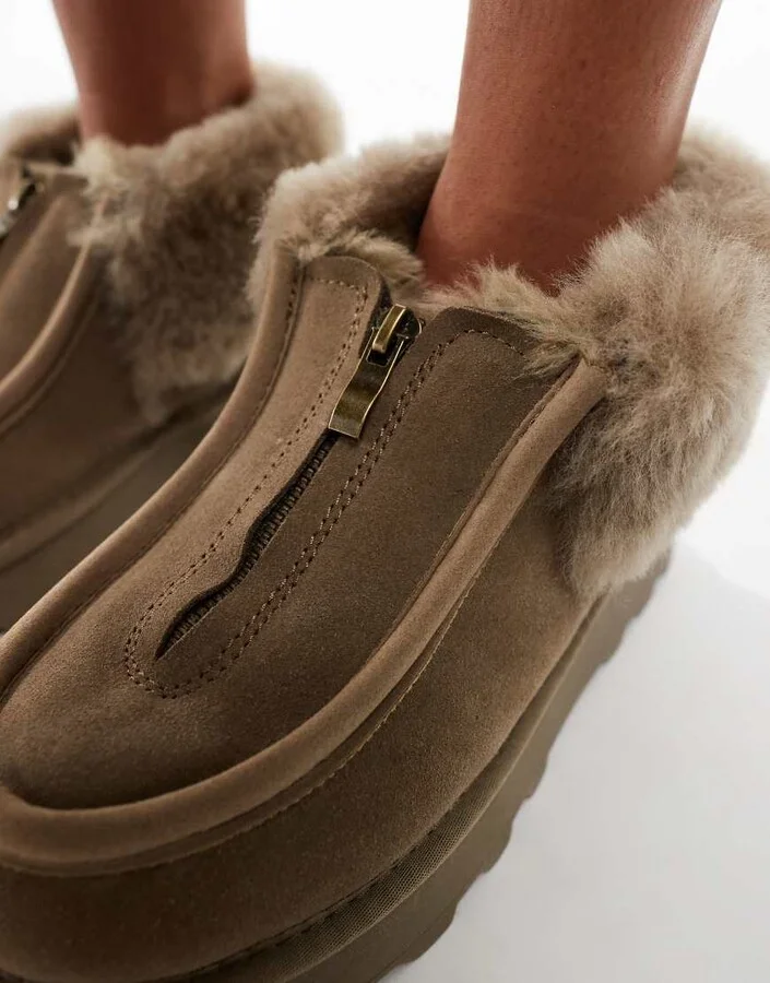 South Beach Real Sheepskin Zip Up Ankle Boot in Olive - Image 4