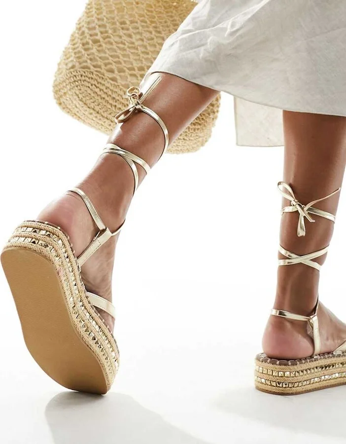 South Beach studded flatform espadrille sandals in gold - Image 2