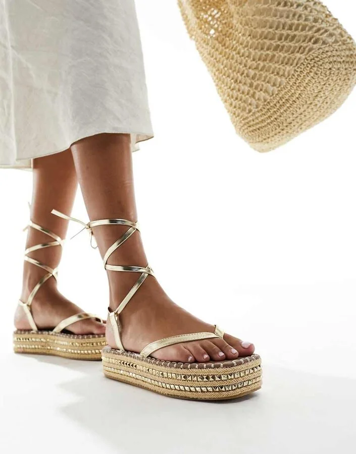 South Beach studded flatform espadrille sandals in gold