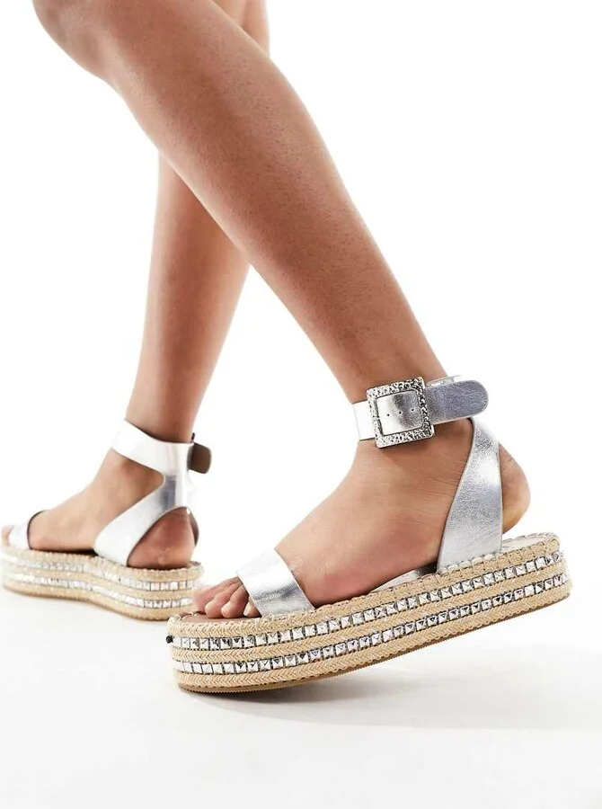 South Beach studded two part espadrille sandals in silver - Image 2