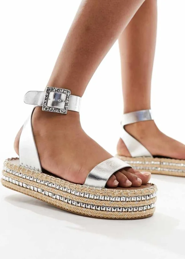 South Beach studded two part espadrille sandals in silver - Image 4