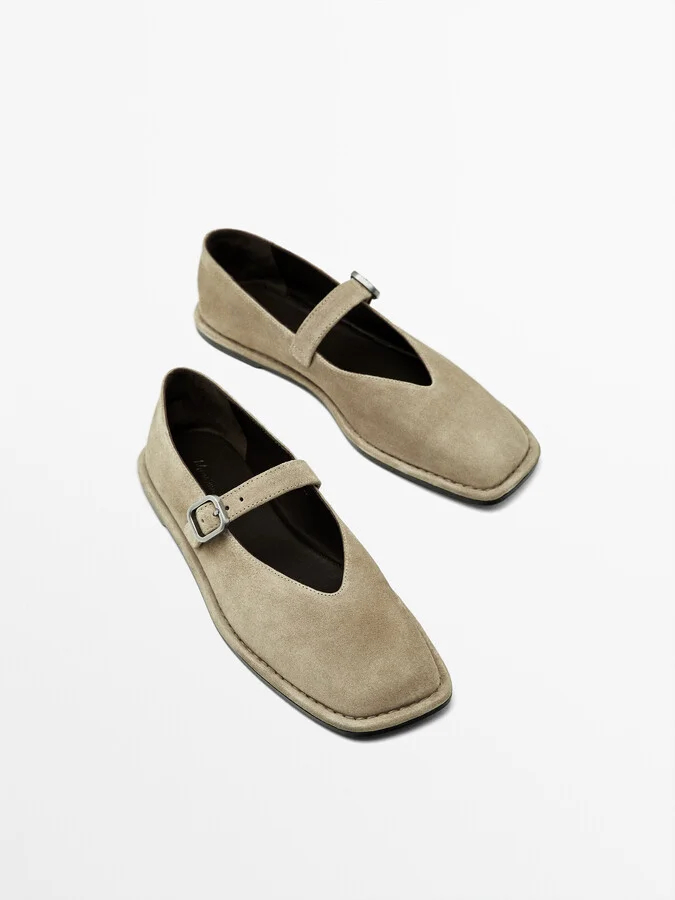 Split Suede Ballet Flats With Buckle - Image 3