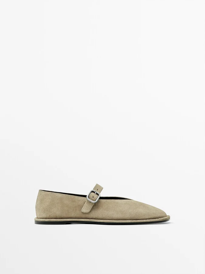 Split Suede Ballet Flats With Buckle