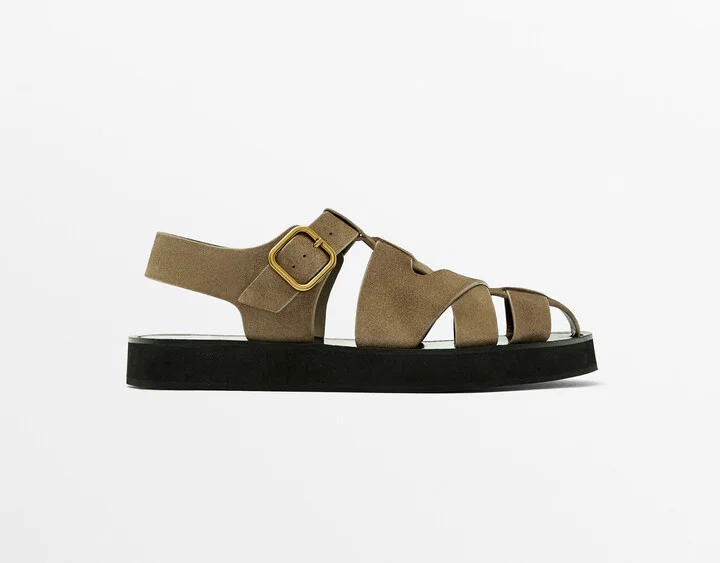 Split Suede Cage Sandals With Buckle