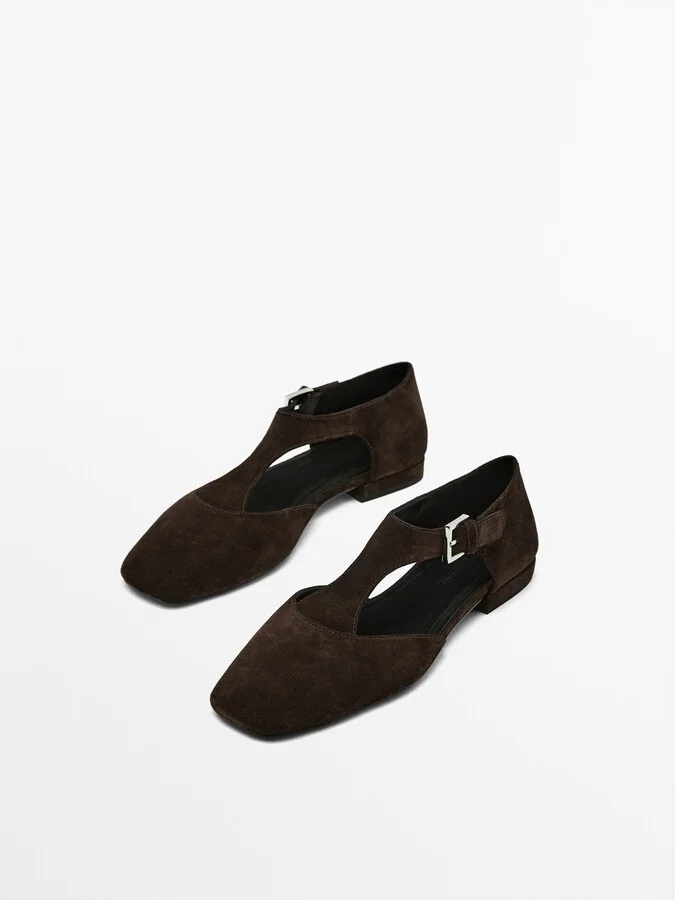 Split Suede Flat Shoes With Instep Piece - Image 3