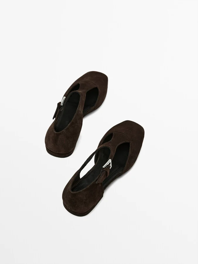 Split Suede Flat Shoes With Instep Piece - Image 4