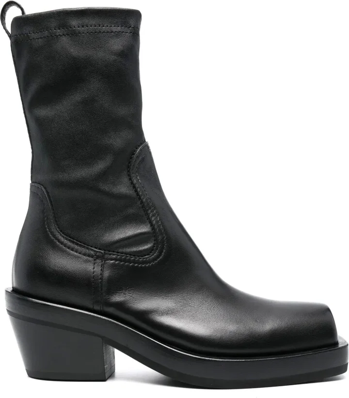 Square-Toe Leather Calf-Length Boots