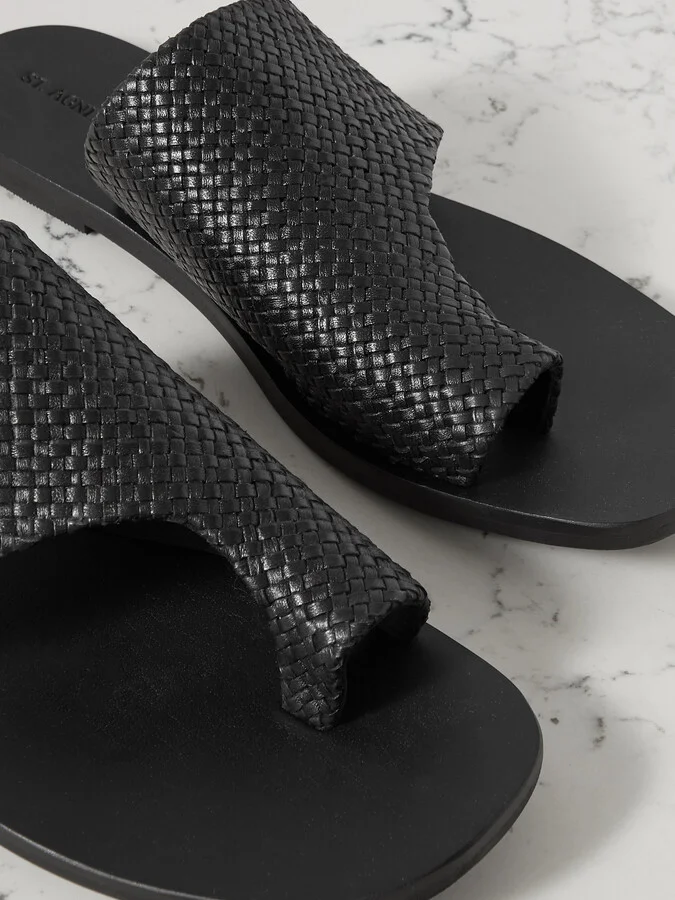 ST. AGNI - Asymmetric Woven Leather Slides - Black - Image 4