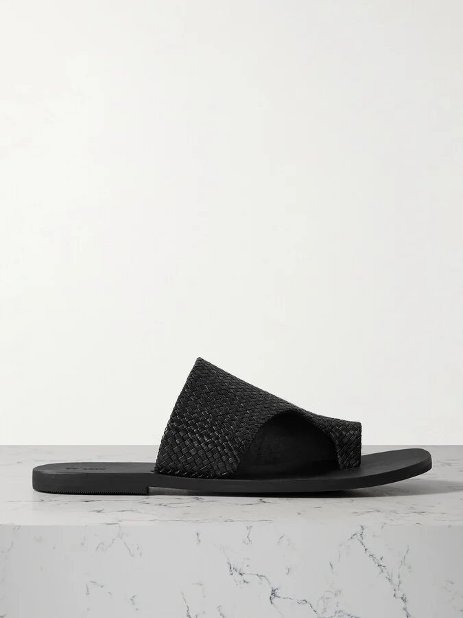 ST. AGNI - Asymmetric Woven Leather Slides - Black