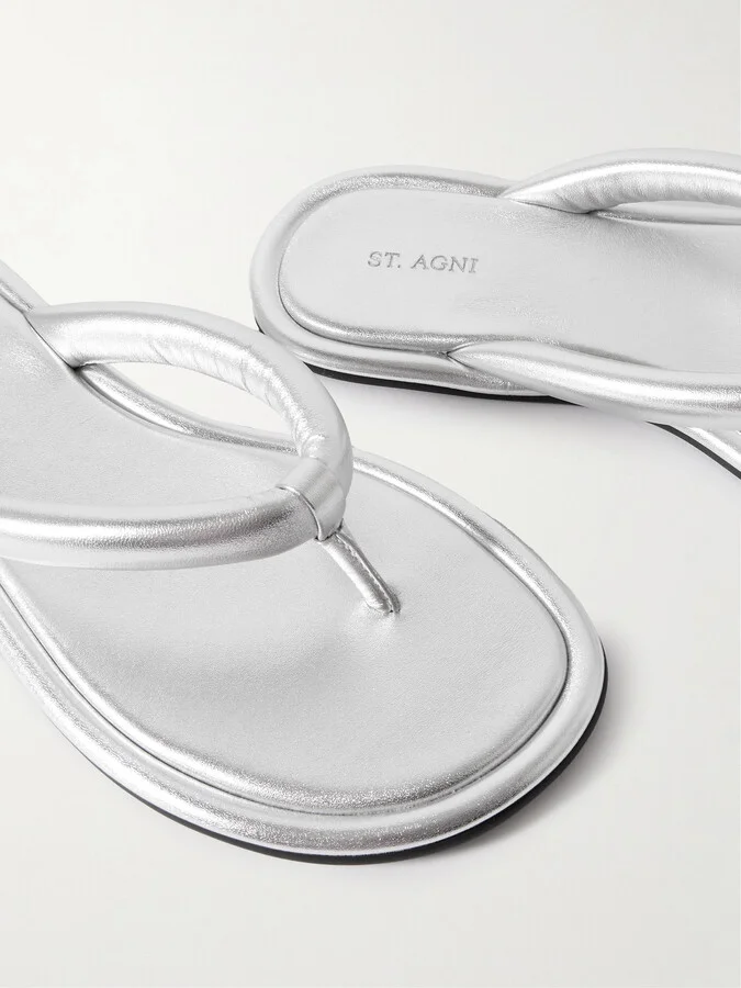 ST. AGNI - Sumi Padded Metallic Leather Flip Flops - Silver - Image 4