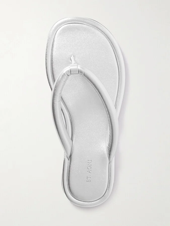 ST. AGNI - Sumi Padded Metallic Leather Flip Flops - Silver - Image 5