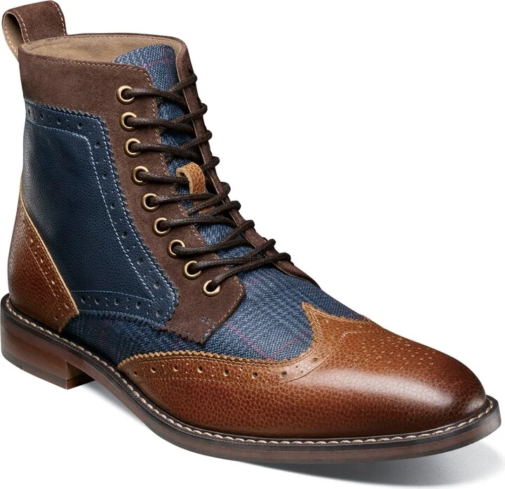 Stacy Adams Men's Finnegan Wingtip Lace Up Boots - Navy/cognac
