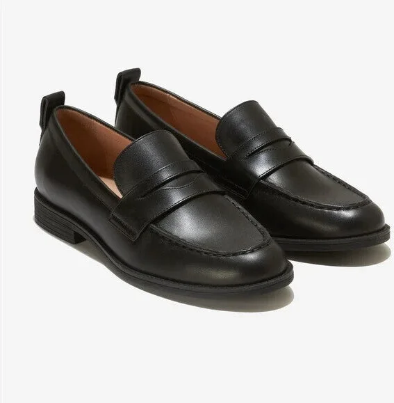 Stassi W28188 Penny Loafer Women 7 Black Leather Slip On Shoes KHD2644 (Black,7)
