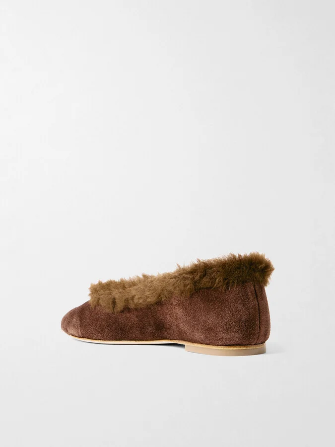 STAUD - Alba Faux Fur-trimmed Suede Ballet Flats - Brown - Image 3