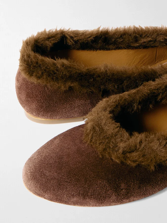 STAUD - Alba Faux Fur-trimmed Suede Ballet Flats - Brown - Image 4