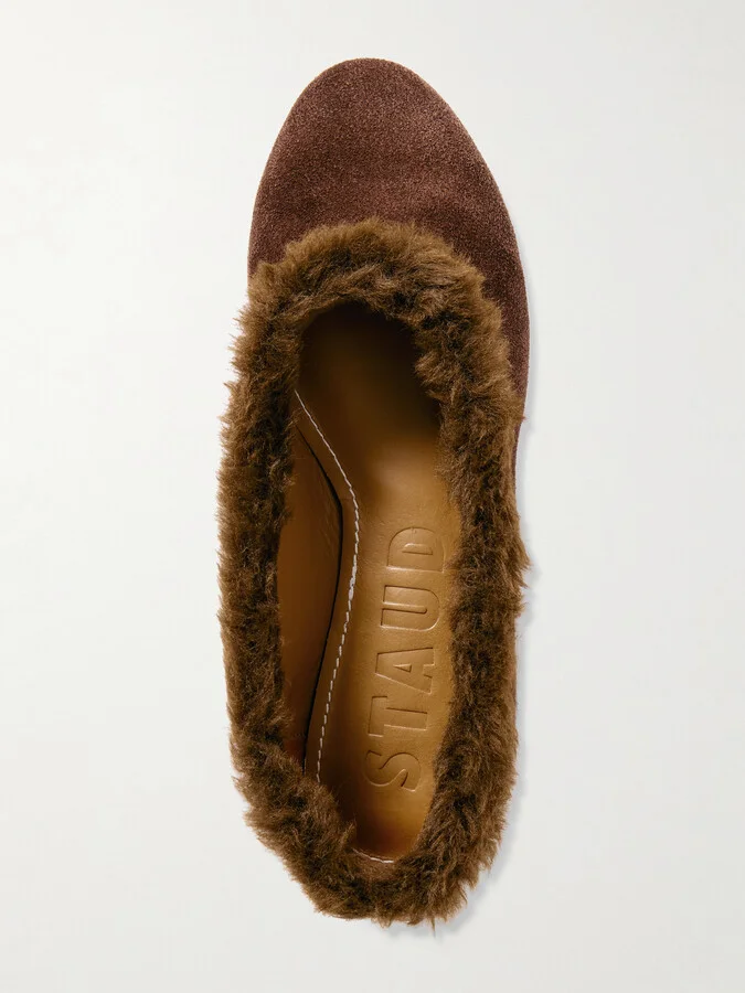STAUD - Alba Faux Fur-trimmed Suede Ballet Flats - Brown - Image 5