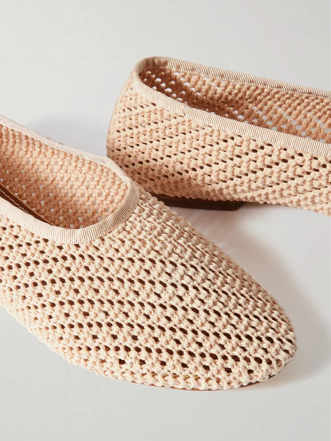 STAUD - Alba Grosgrain-trimmed Crocheted Ballet Flats - Cream - Image 4