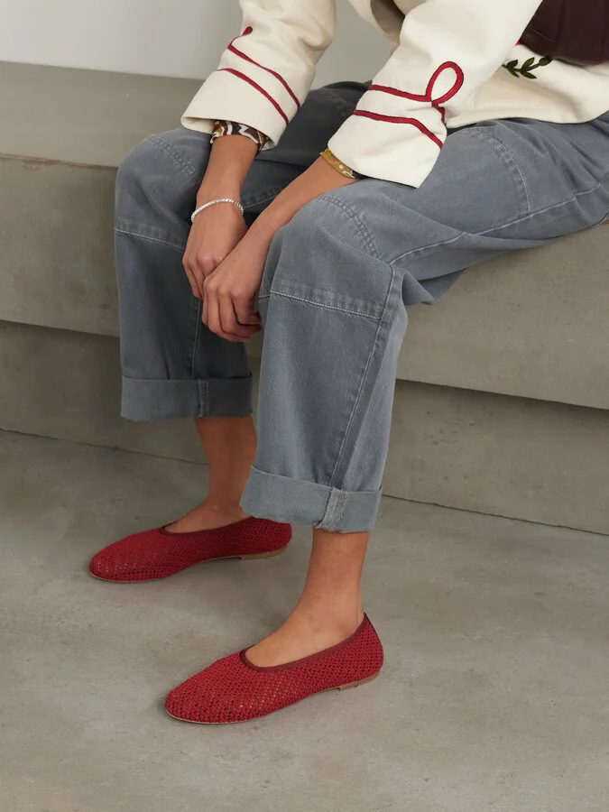 STAUD - Alba Grosgrain-trimmed Crocheted Ballet Flats - Red - Image 2