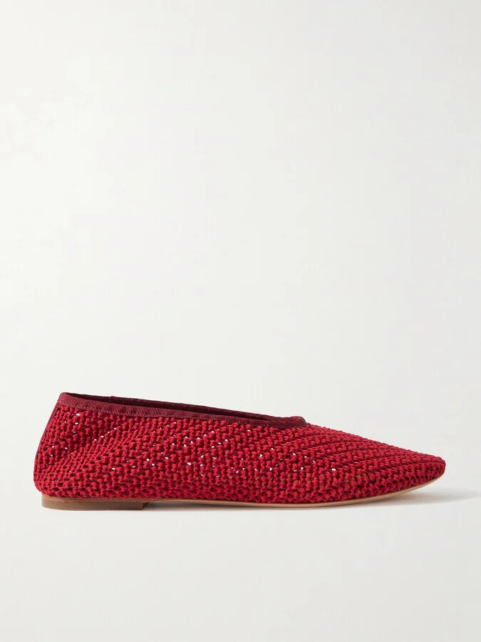 STAUD - Alba Grosgrain-trimmed Crocheted Ballet Flats - Red