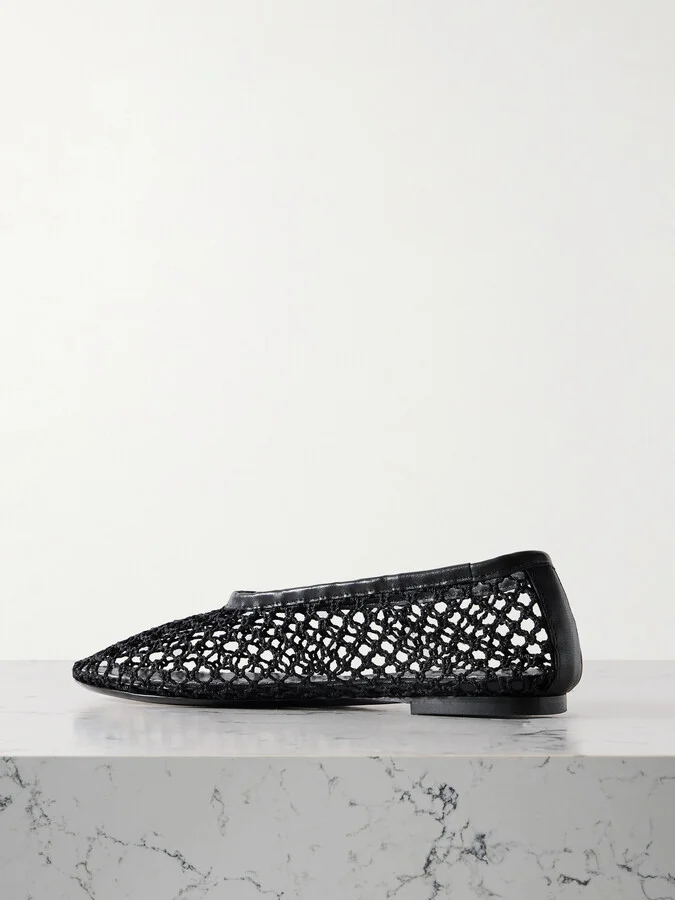 STAUD - Alba Leather-trimmed Crochet Ballet Flats - Black - Image 3