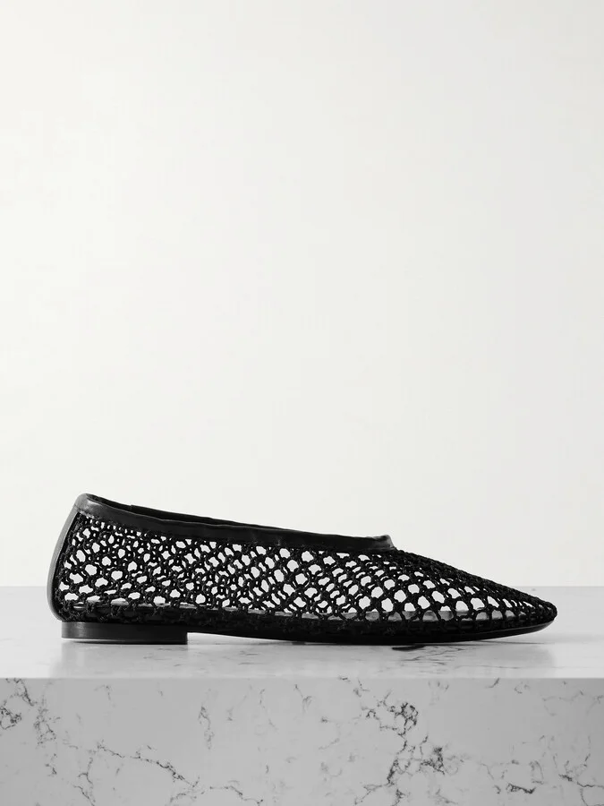 STAUD - Alba Leather-trimmed Crochet Ballet Flats - Black