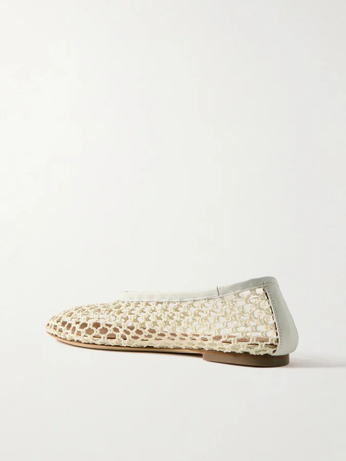 STAUD - Alba Leather-trimmed Crocheted Ballet Flats - Off-white - Image 3