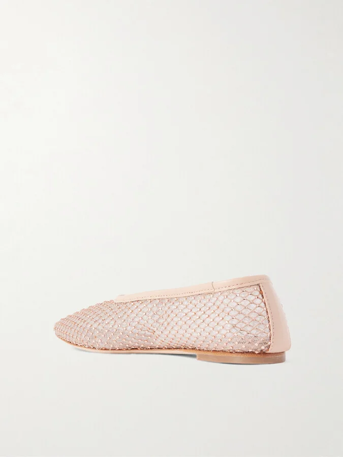 STAUD - Alba Leather-trimmed Crystal-embellished Mesh Ballet Flats - Pink - Image 3