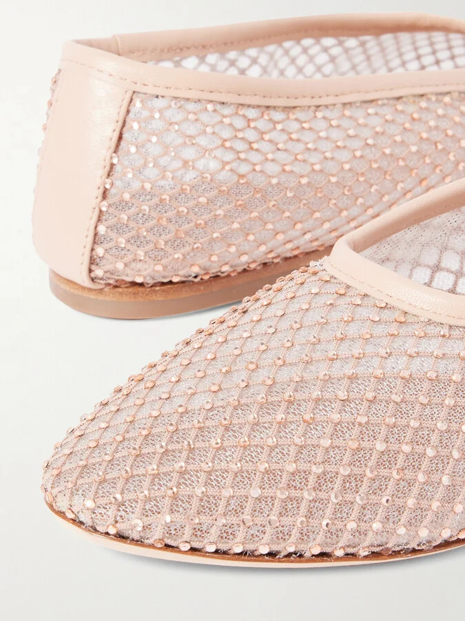 STAUD - Alba Leather-trimmed Crystal-embellished Mesh Ballet Flats - Pink - Image 4