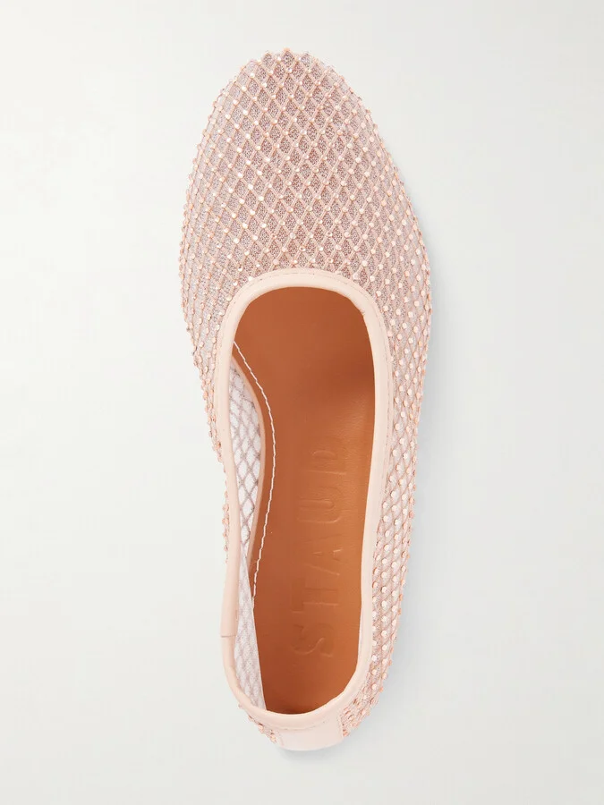 STAUD - Alba Leather-trimmed Crystal-embellished Mesh Ballet Flats - Pink - Image 5