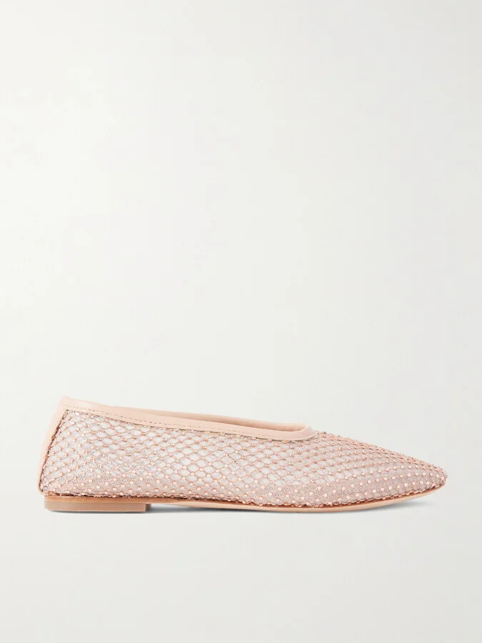 STAUD - Alba Leather-trimmed Crystal-embellished Mesh Ballet Flats - Pink