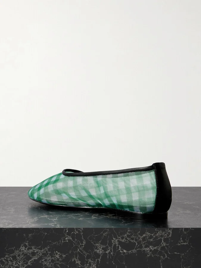 STAUD - Alba Leather-trimmed Gingham Mesh Ballet Flats - Green - Image 3